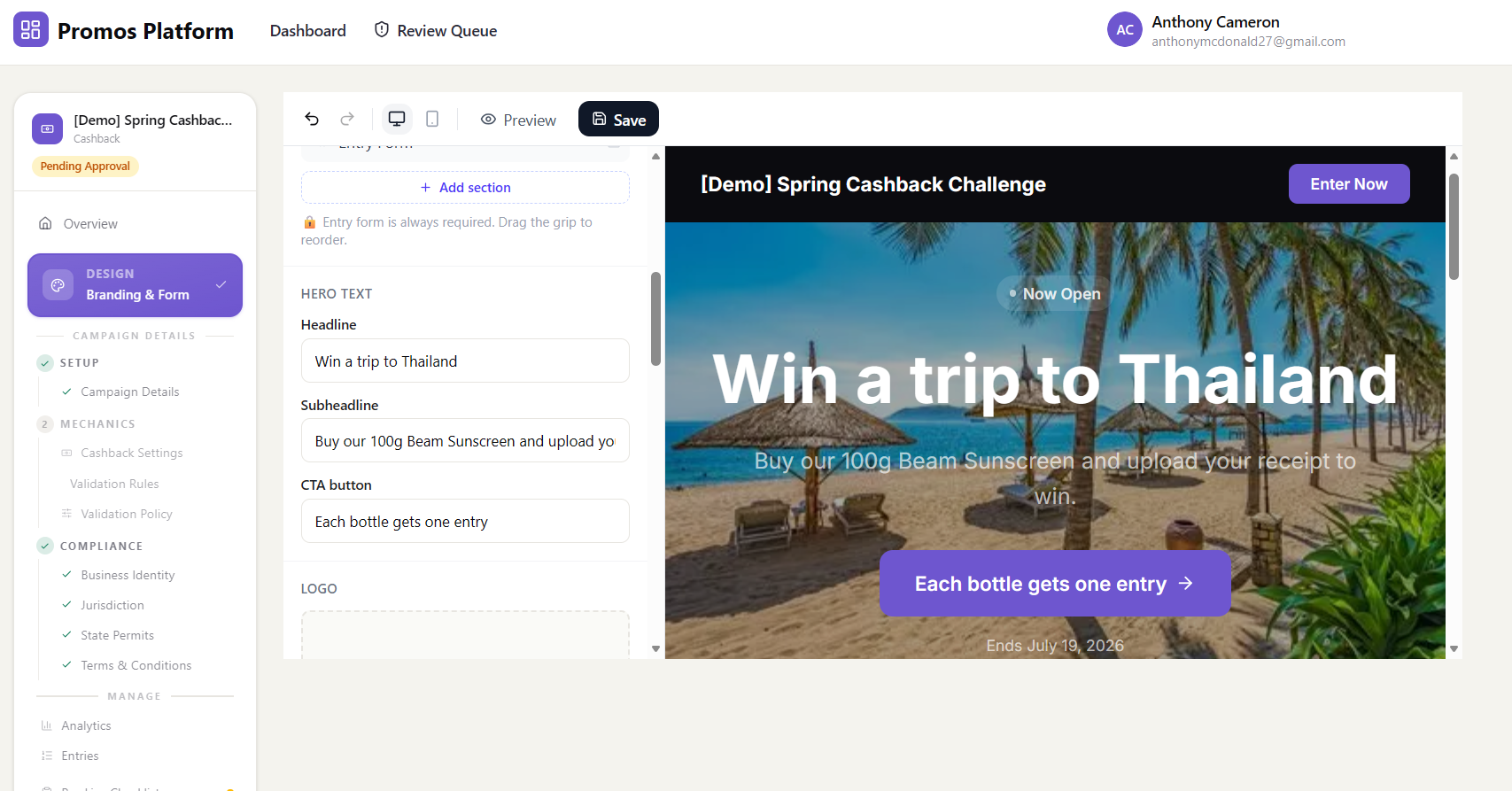 Beam platform — drag-and-drop campaign design editor with live preview